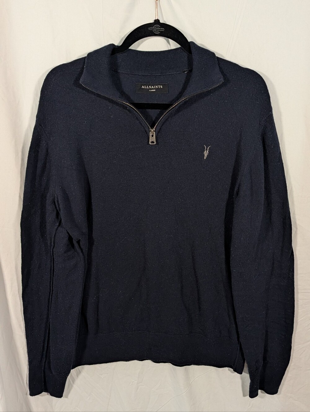 AllSaints Men's Navy Zip-Neck Sweater